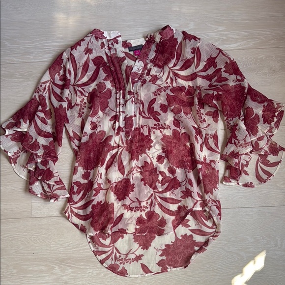 Vince Camuto Red Flutter Sleeve Blouse with Mandarin Collar - Picture 2 of 8